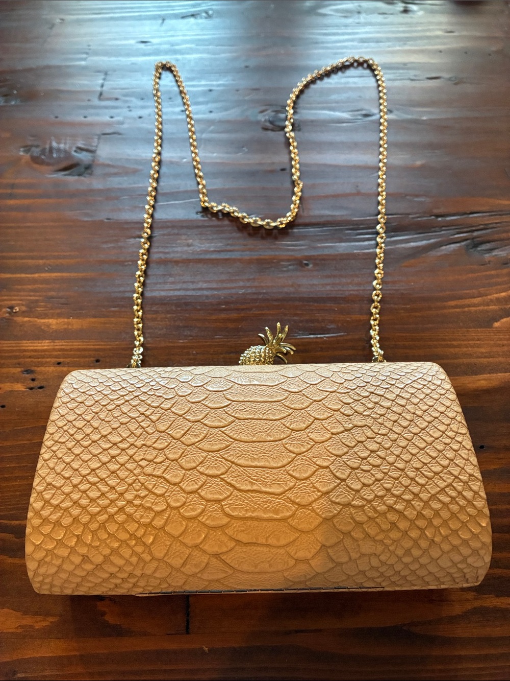 Kate Landry Beige Textured Clutch with Gold Pineapple Chain